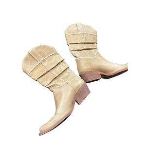 Bcbg Max Azria sz 8 Tan All Leather Western Cowgirl Boots Mid-Calf with Stacked
